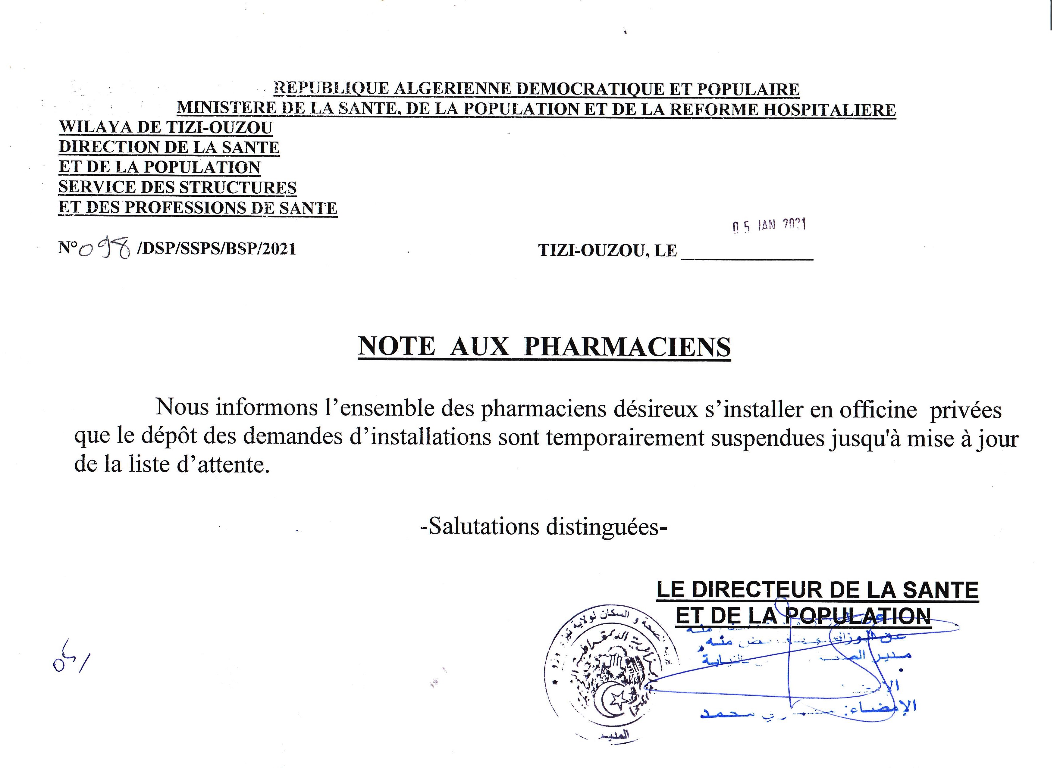 NOTE AUX PHARMACIENS <