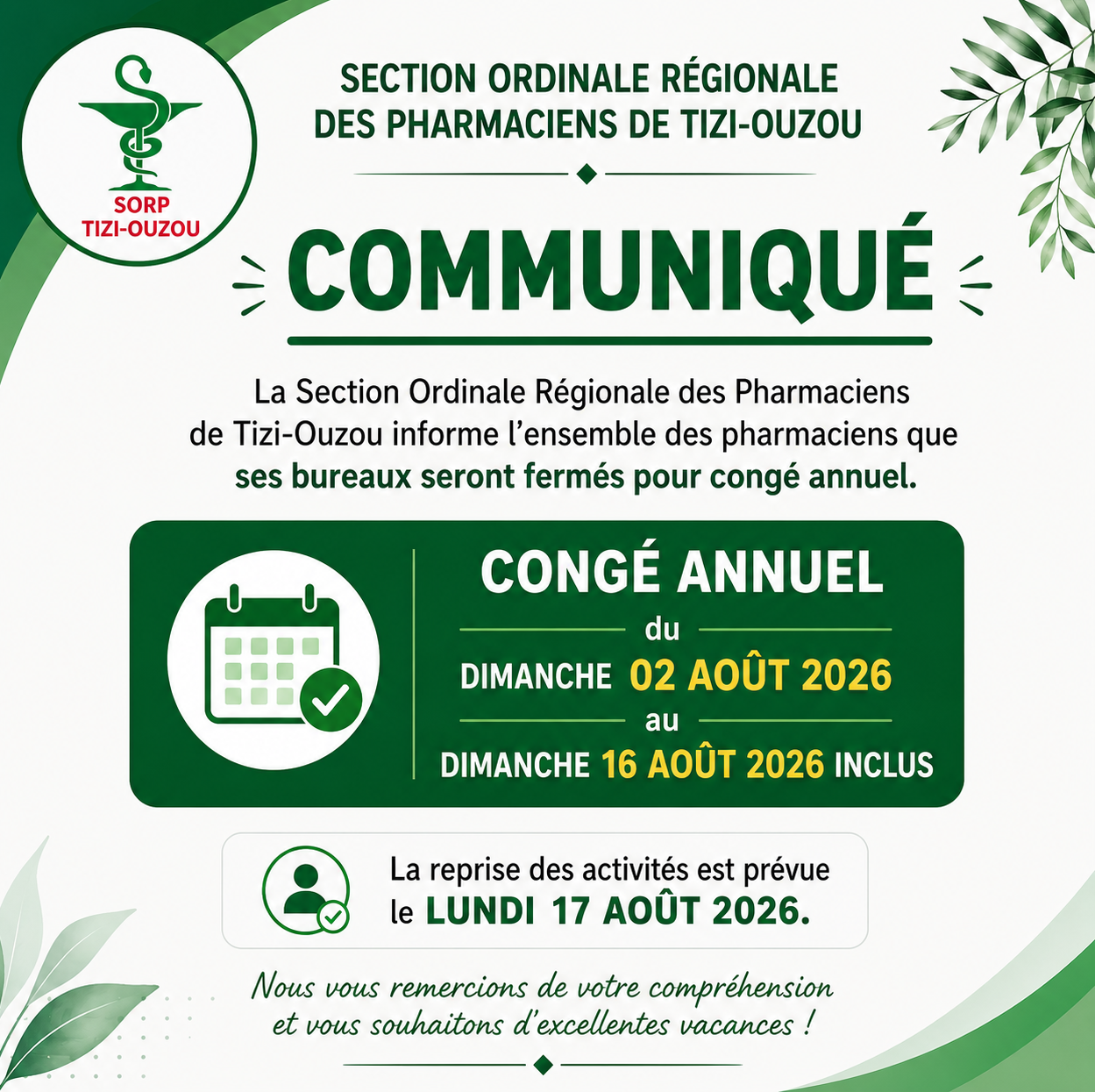 COMMUNIQUÉ CONGÉ ANNUEL